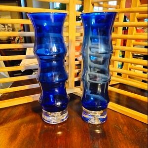 2 ASEDA Sweden Cobalt Blue Glass Vases Bamboo & Wave Bubble Bo Borgstrom MCM